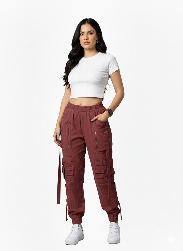 Pantalón Cargo Straps vino tinto